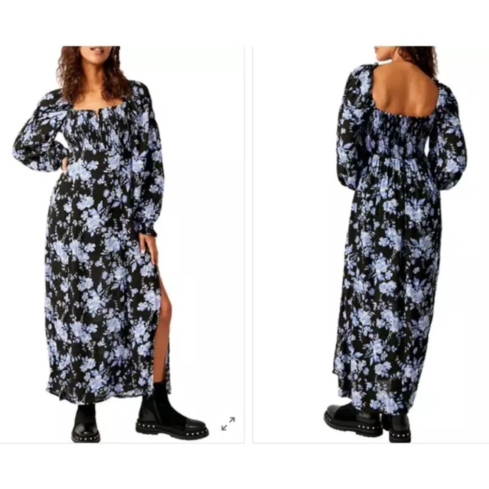 NEW Free People Jaymes Floral Print Square Neck Long Sleeves Midi Dress